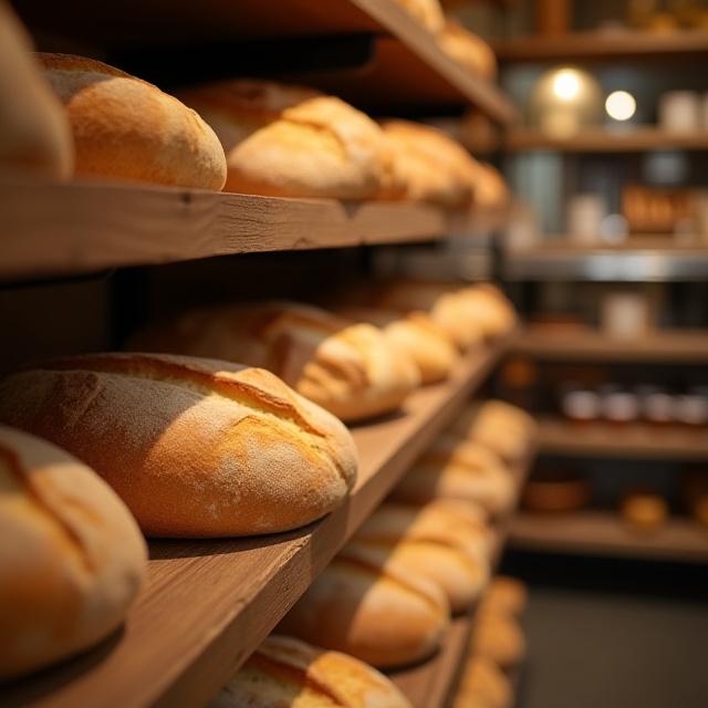 Interiøret i Ulve Bakst, med hyller av ferskt brød.