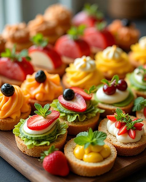 Et cateringbrett fylt med miniatyrsmørbrød og bakst.